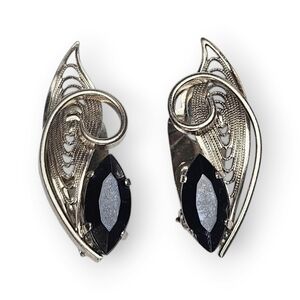 West Germany Rhinestone Leaf Earrings Filigree Silver Tone Black Navette Vintage